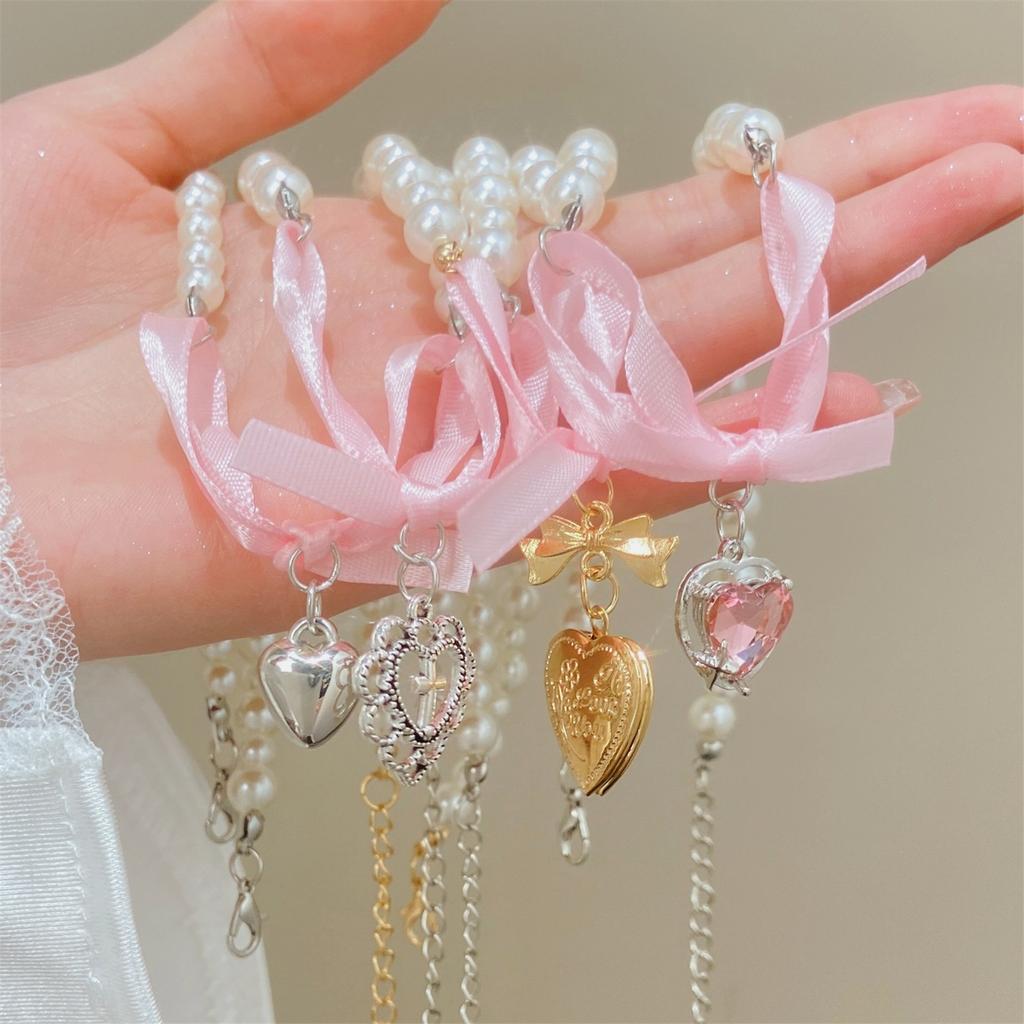 Elegant Heart Bowknot Pearl Pendant Necklace for Women Sweet Versatile Choker Charm Necklaces Fashion Jewelry Gift