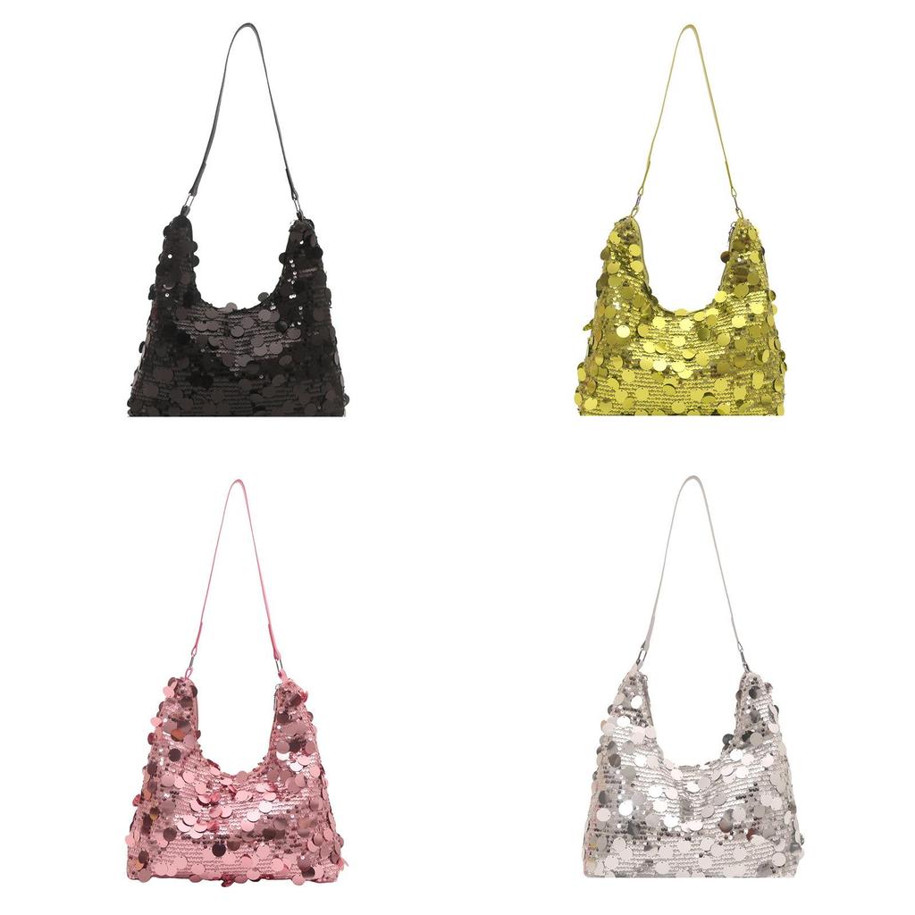Street Style Womens Large Shoulder Bag With Glitter Sequins And Open Outer Pocket