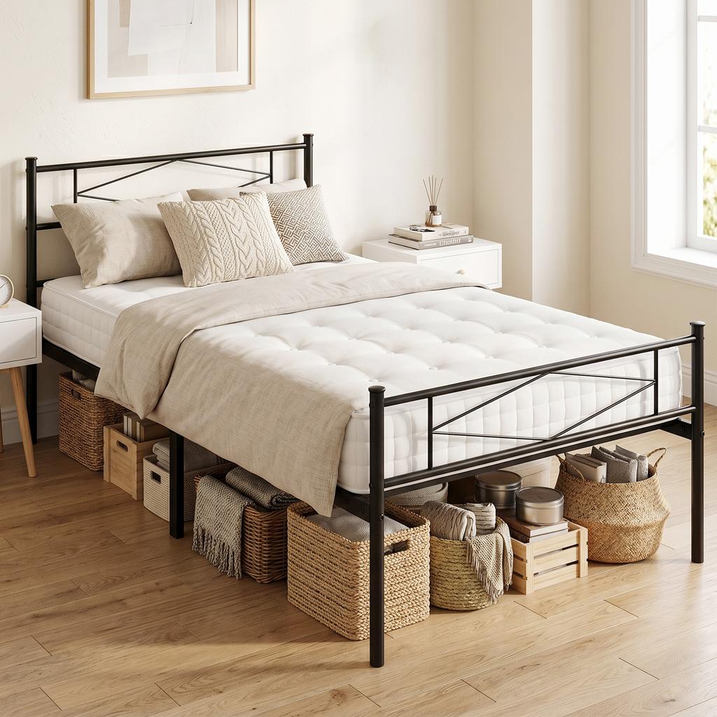 3ft Single Bed Frame with Headboard and Footboard, Metal Platform Bed Frame with 32 Cm Underbed Storage, Black