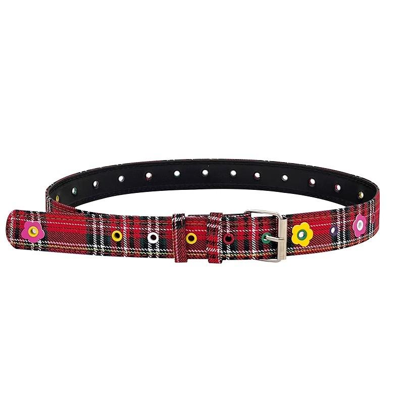 Dopamine Flower Red Checkered Belt for Women, New Sweet, Cool and Spicy Girl, Denim Blue Leather Belt, Trendy
