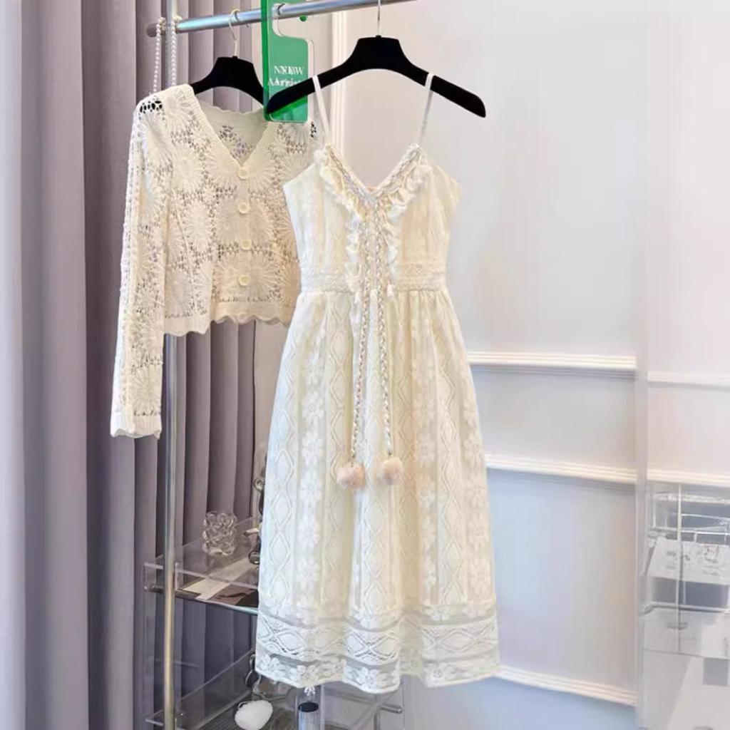 Ethnic style hollow tassel lace suspender long dress mesh suspender dress beach fairy skirt