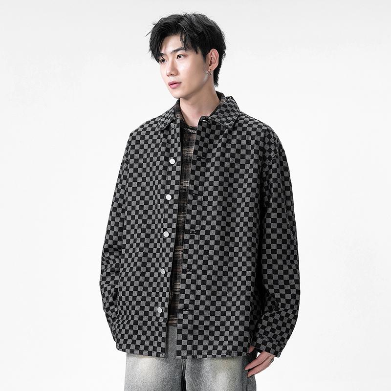 Checkerboard American Workwear Denim Shirt Men's Long-sleeved Casual Shirt Retro Trendy Jacket