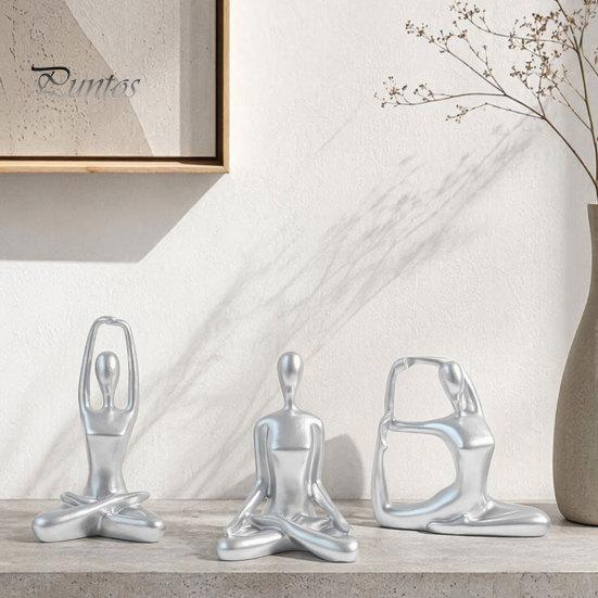Contemporary Interior Accents 3Pcs Abstract Yoga Figure Sculpture Set, Hollow Dancer with Glossy Gold Matte Silver Black Luxury Resin Crafts