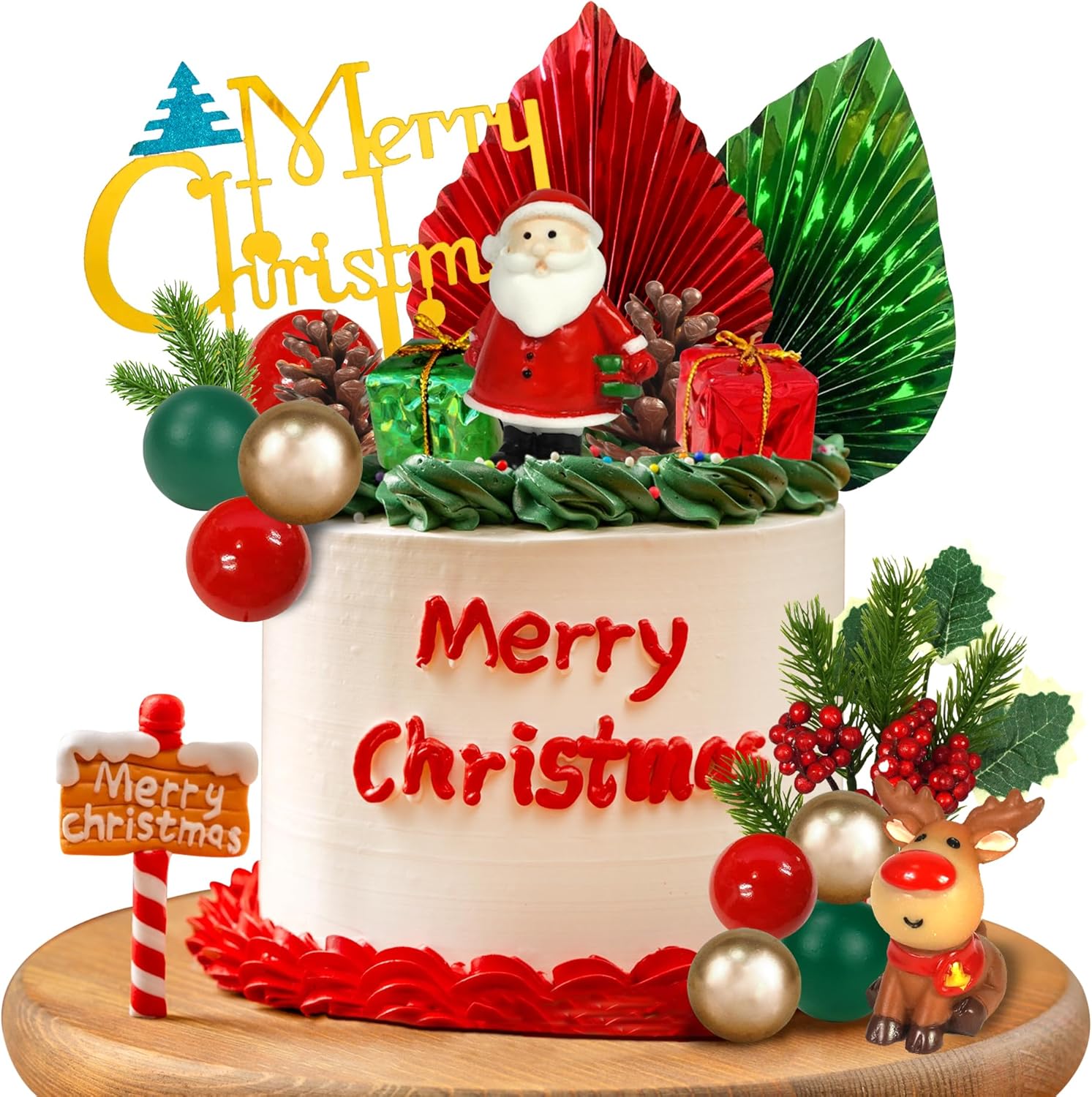 20PCS Cake Toppers Merry Christmas Cake Decoration with Christmas Tree Mini Santa Reindeer for Christmas Themed Birthday Party