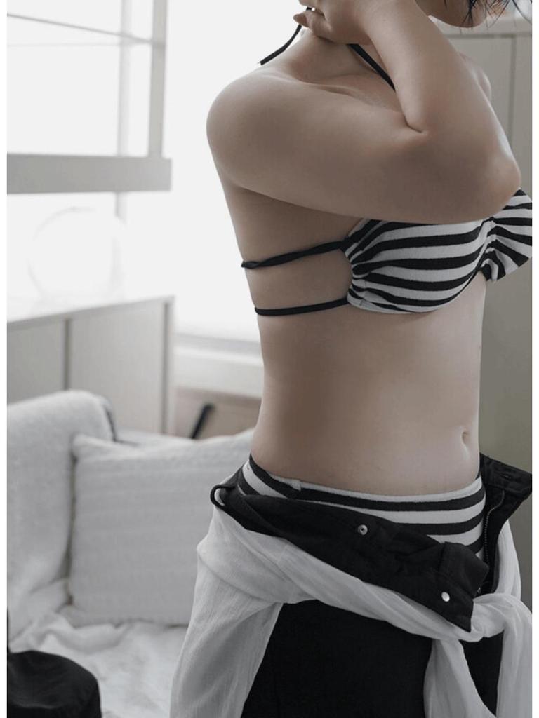 Korean Striped Three-Piece Bikini Set - Sexy Bandeau with Chest Pads and Halter Neck, Perfect for Hot Springs & High-End Resorts