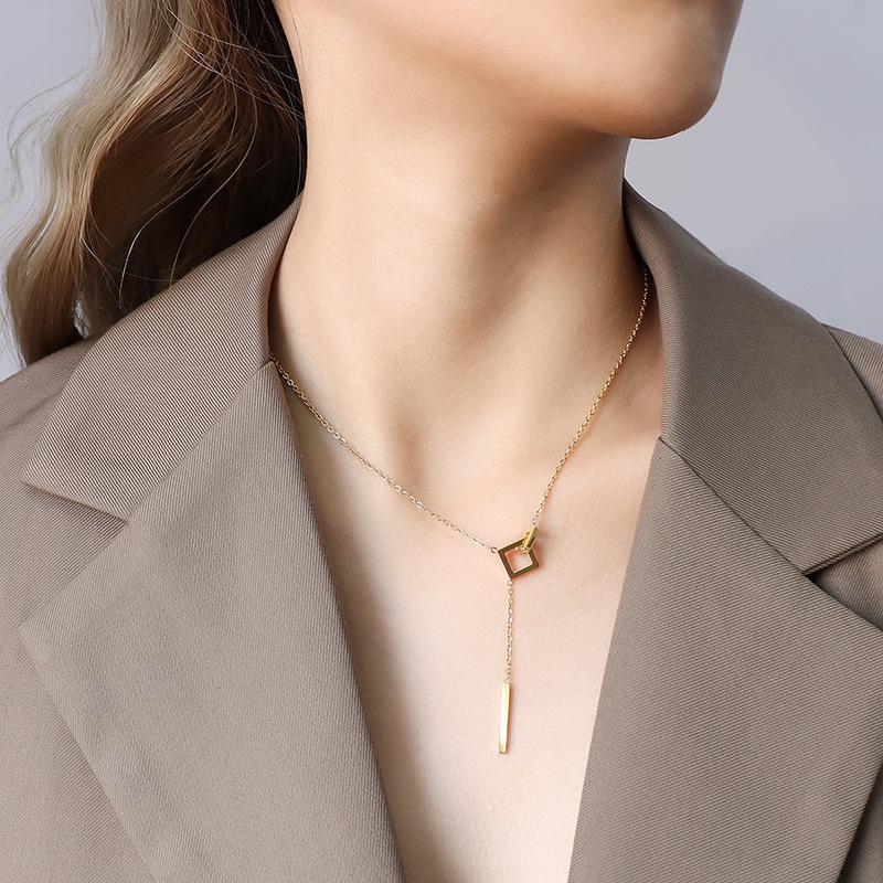 Minimalist Geometric Square Tassel Necklace - Titanium Steel Clavicle Chain, Style P819