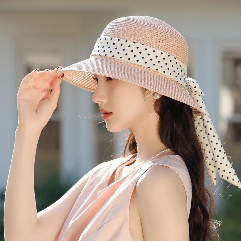 Summer new hat women's streamer raffia hat sunshade sunscreen hat breathable bow shows small face