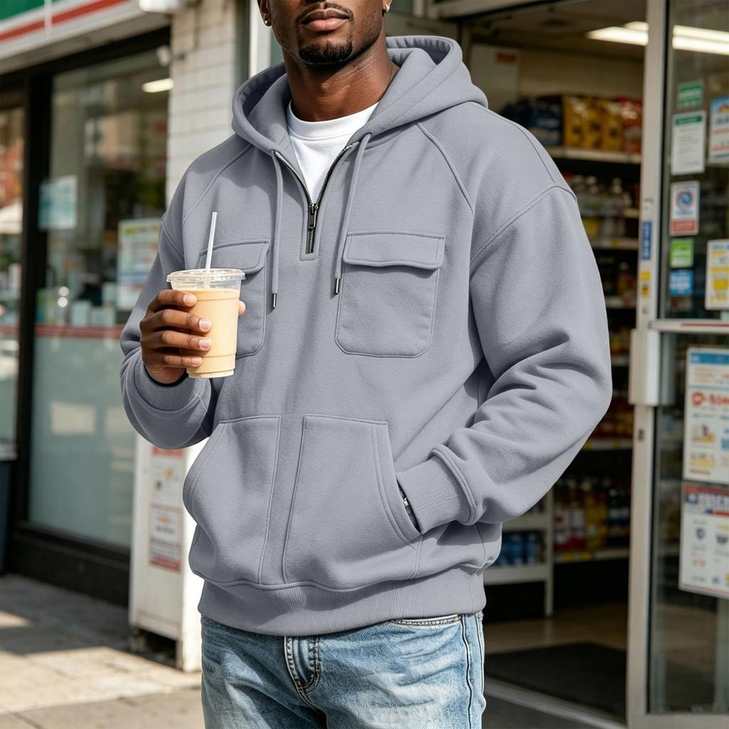 Men's Hooded Jacket with Multiple Pockets Casual Athletic Raglan Sleeve Outerwear