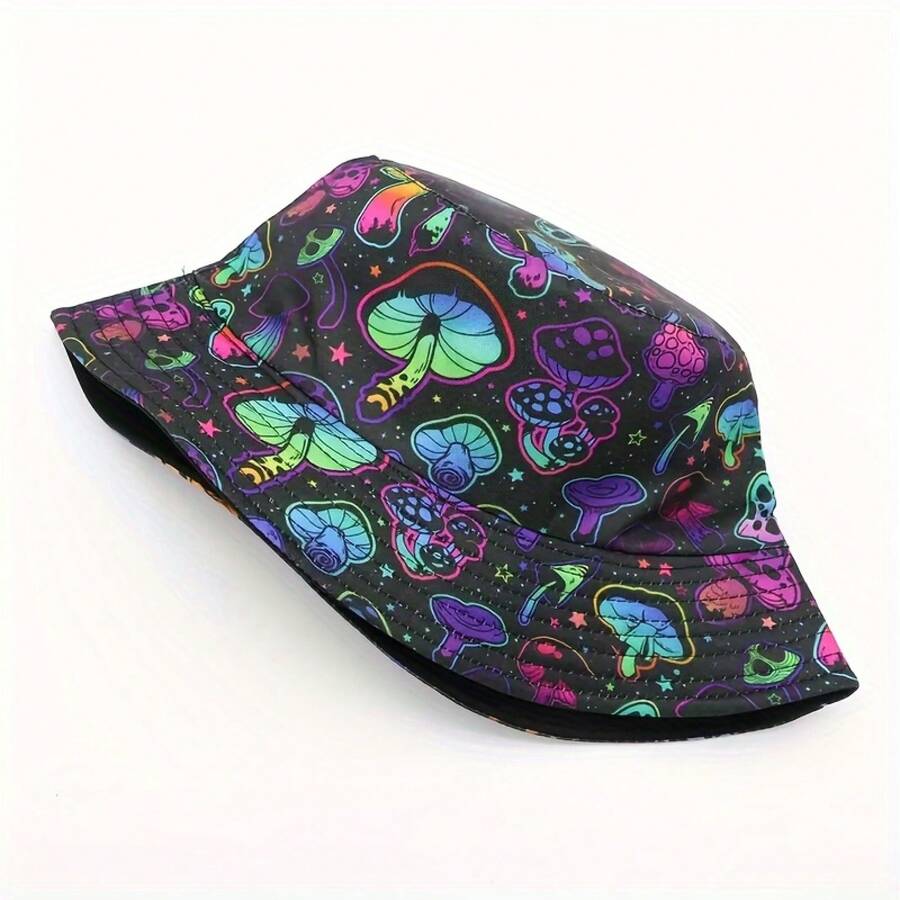 Adult Bucket Hat With Cartoon Mushroom Print, Lightweight Breathable Polyester Fisherman Cap For Outdoor