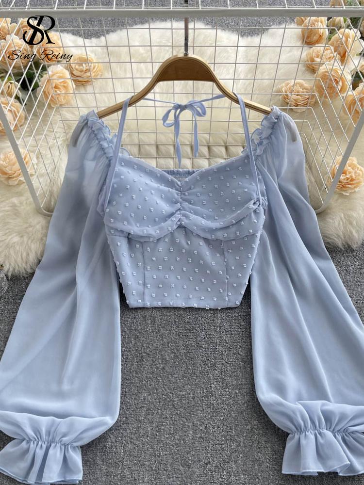 

SINGREINY Короткая блузка со складками в горошек, летняя женская блузка с вырезом с разрезом и длинными рукавами, завязка на шее, эластичная резинка на талии, модный французский пляжный топ One Size синий