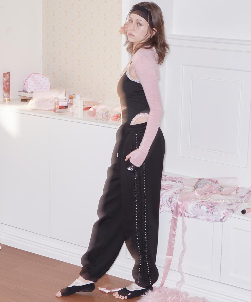 SWEATSWEET Lace Stud Jogger Pants - Black