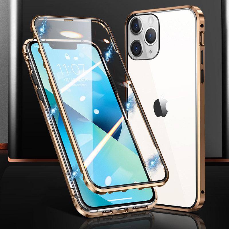 

Phone Case for iPhone 15 Pro Magnetic Adsorption Metal Frame+Double-sided Tempered Glass Clear Phone Cover Gold