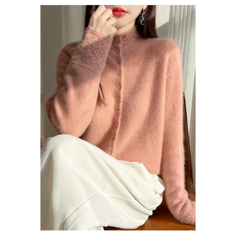 Women's 100% Wool Half-High Collar Crochet Cardigan - New Year Knit Cashmere Sweater
