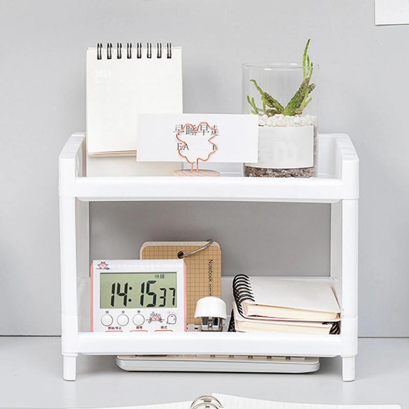 1PC PP Desktop Double Layer Storage Rack Rectangular White Organizing Student Desk Office Cosmetics Stationery