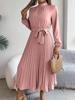 Fall Elegant Stand Collar Long Sleeve Ruched Waist A-Line Dress Women's Formal Wear