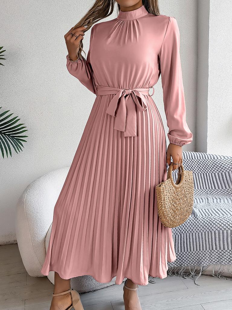 Fall Elegant Stand Collar Long Sleeve Ruched Waist A-Line Dress Women's Formal Wear