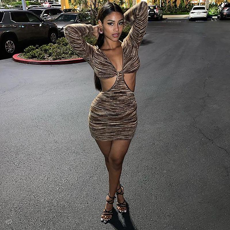 JH5906 European & American Women's Sexy V-Neck Hollow Ribbed Long-Sleeve Dress