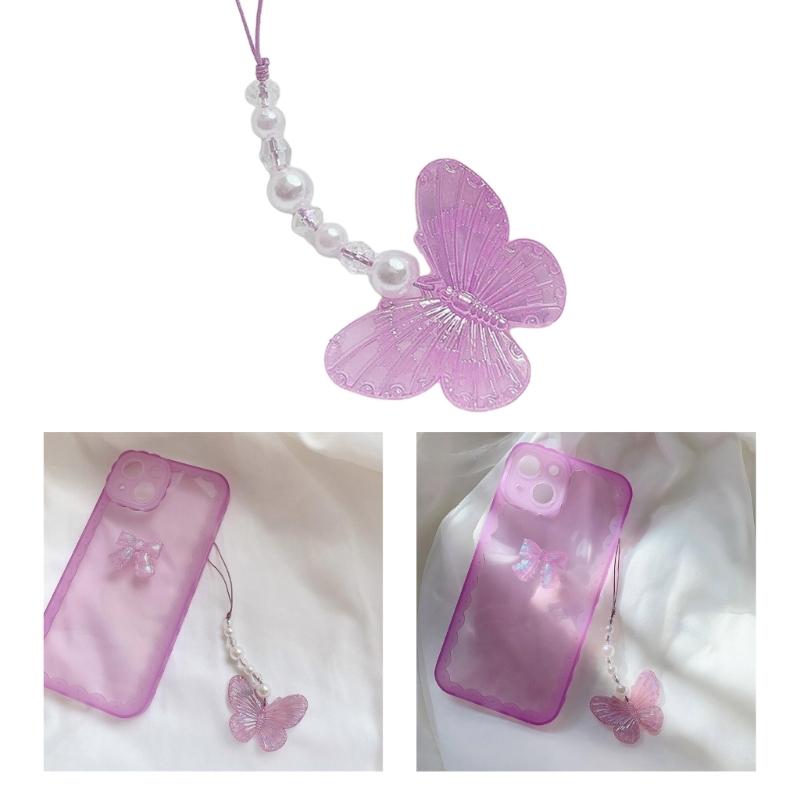 Y2k Girl Heart Butterflies Tassels Pendant Crystal Acrylic Bead Keychain Sweet Car Bag Accessory Phone Shell Pendant