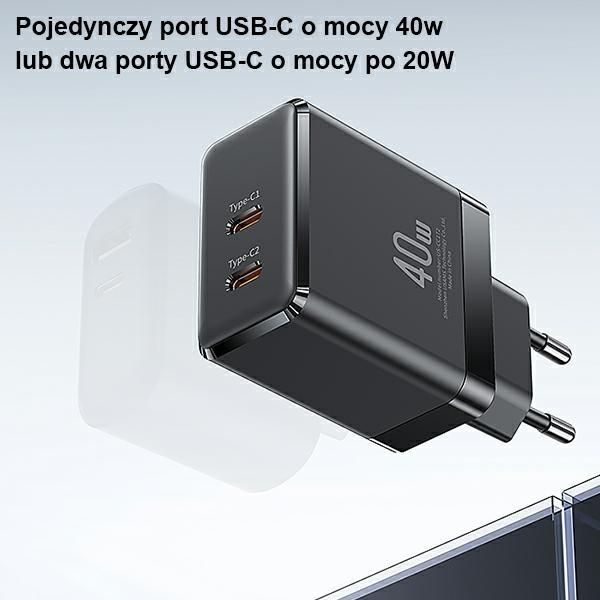 Usams Ład. Siec. 2Xusb-C T54 Gan 40W(Only Head) Pd Fast Charging Czarny/Black Cc172Tc01 (Us-Cc172)