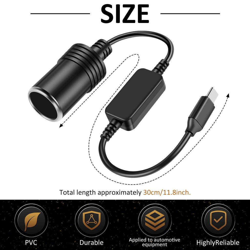 4/2Pcs Car Cigarette Lighter Socket USB C Type-C To 12V Male to Female Cigarette Lighter Adapter Power Cable