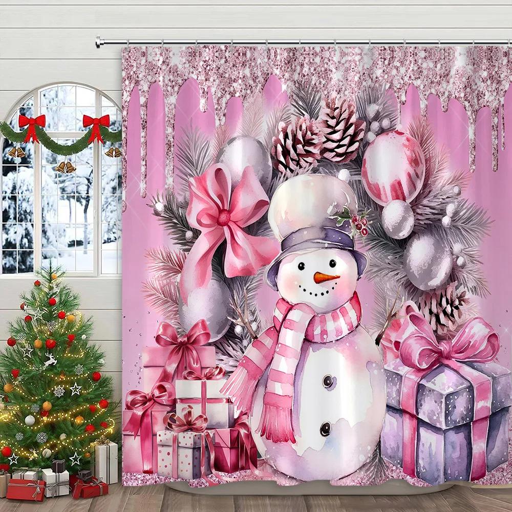 Pink Christmas Printed Shower Curtain Cute Snowman and Christmas Tree Gift Polyester Shower Curtains Bathroom Decor with Hooks