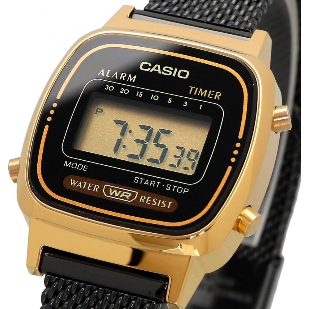 Casio Ladies Digital Watch Gold Black Mesh Band La670wemb 1