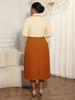 Women's Plus Size Color Block Two-Piece Look Long Sleeve Dress with Lapel and Pleated Skirt - Elegant Office Wear