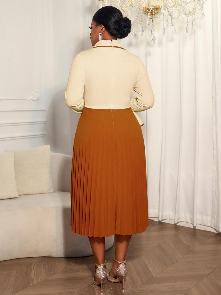 Women's Plus Size Color Block Two-Piece Look Long Sleeve Dress with Lapel and Pleated Skirt - Elegant Office Wear