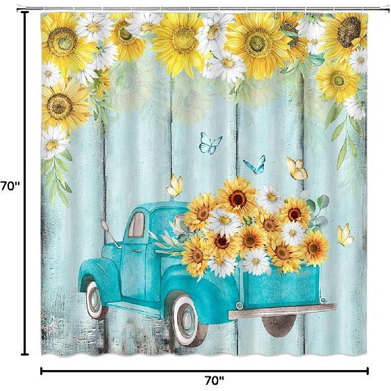 Rustic Sunflower Truck Shower Curtain Yellow Floral Butterfly Teal Wooden Board Antique Car Flower Farmhouse Vintage Country Retro Fabric Bathroom