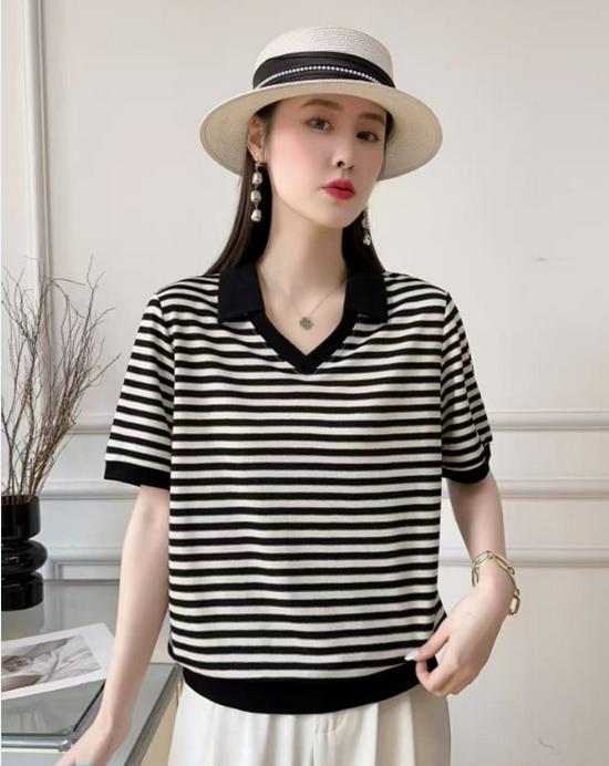 2026 Summer Color Block Lapel Stripe Short Sleeve Stylish T-shirt 3XL (suggested weight 120-130 lbs)