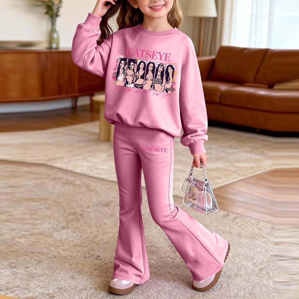 Kids Casual Loose Fit Long Sleeve Neck Printed Top and Pants Set