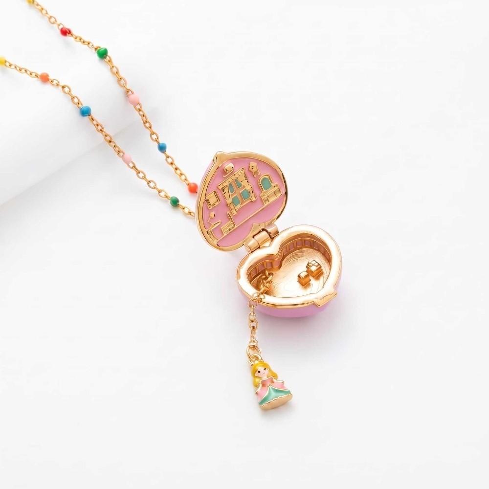 Alloy Opening Closing Phase Box Necklace Cute Pink Gold Color Pendant Choker Unique Whimsical Pentagram Heart Ring