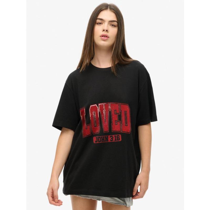 Women's Short-Sleeve T-Shirt with Retro Distressed Red "LOVED" Letter and "JOHN 3:16" Slogan Print