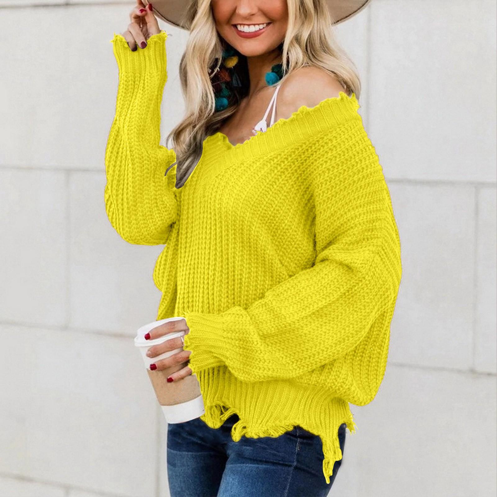 

Женский модный свободный свитер без бретелек с глубоким v-образным вырезом и нерегулярной бахромой, индивидуальный свитер XL жёлтый