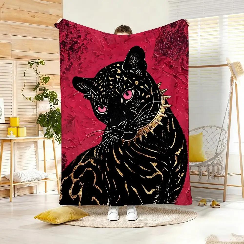 Art P-Pink Background Black Panther Throw Lightweight Flannel Blanket Soft Skin-friendly for Summer Cooling