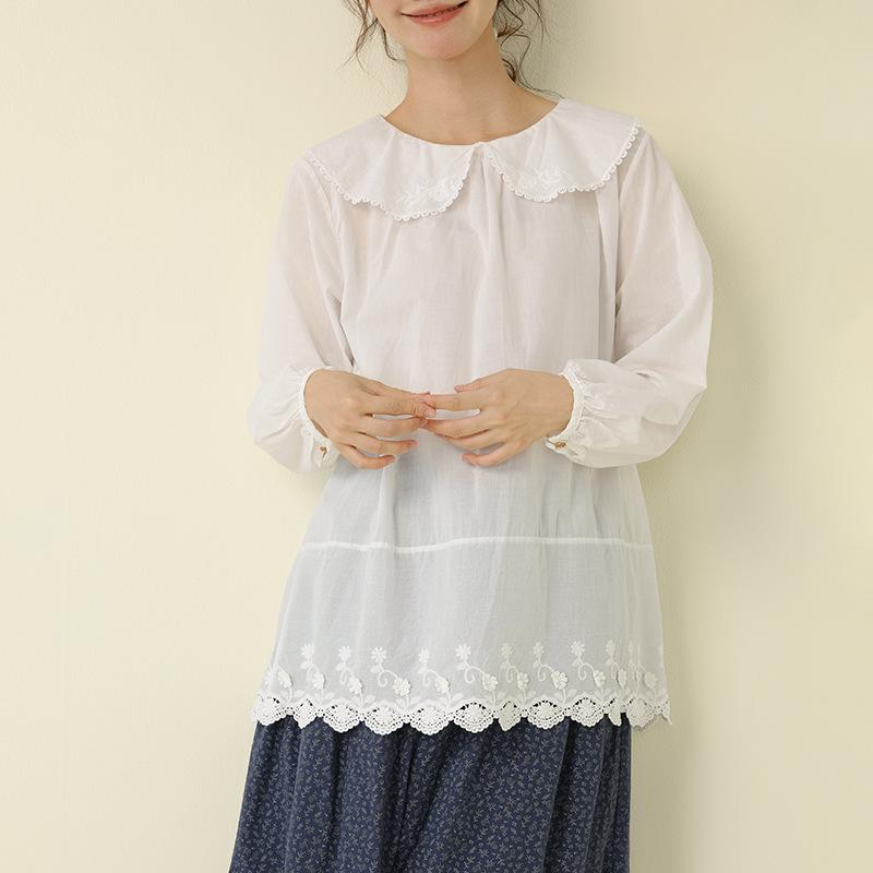 Mori Girl Cotton Lace Embroidery Top - Long Sleeve Babydoll Undershirt