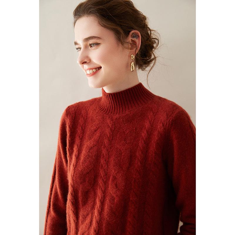 Damen Kaschmir Zopfmuster Pullover - Halboher Kragen, Langarm, Unifarbe, Warme & lässige Basisschicht