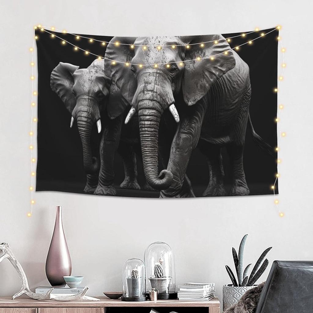 3D Gray Elephant Print Tapestry Wide Wall Hanging Lightweight Art Tapestry Floral Wall Blanket Vintage Aesthetic Tapestry Soft