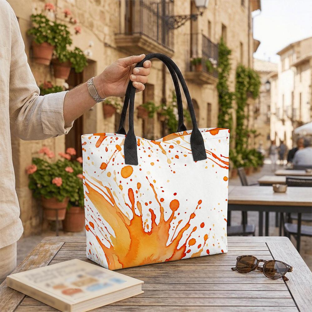 Orange Splatter Print Canvas Tote Bag Casual Large Capacity Daily Shoulder Handbag