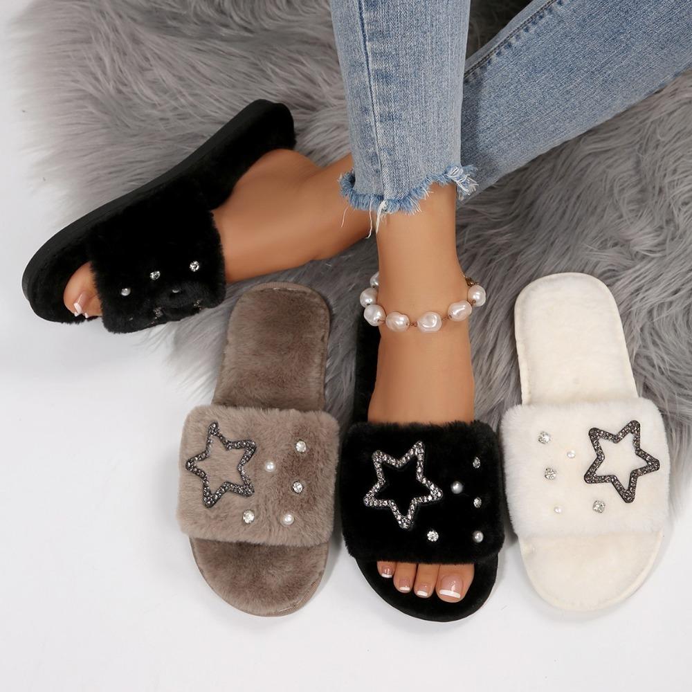 Fashion Popular Cross Furry Slippers Female Fluffy Slides Autumn Winter Outdoor Fashion Sexy EVA Light Flip Flops Sweat Soft Flat Shoes