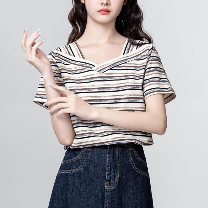Fashion temperament short-sleeved summer 2026 new women s collar striped versatile casual commuter simple T-top S