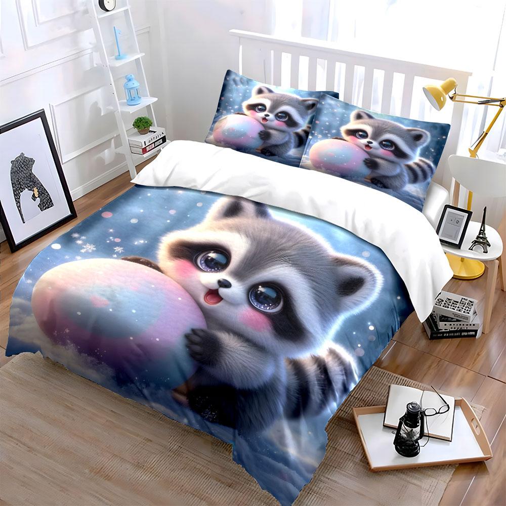 Adorable Raccoon Playing With Pastel Ball Duvet Cover Set With 3D Printing Design Soft Polyester Bedding Set All-Season Comfort