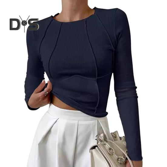 

Женская футболка с круглым вырезом и длинным рукавом, облегающая футболка, однотонные цветные линии, украшения, эластичный пуловер, топы для повседневной носки S