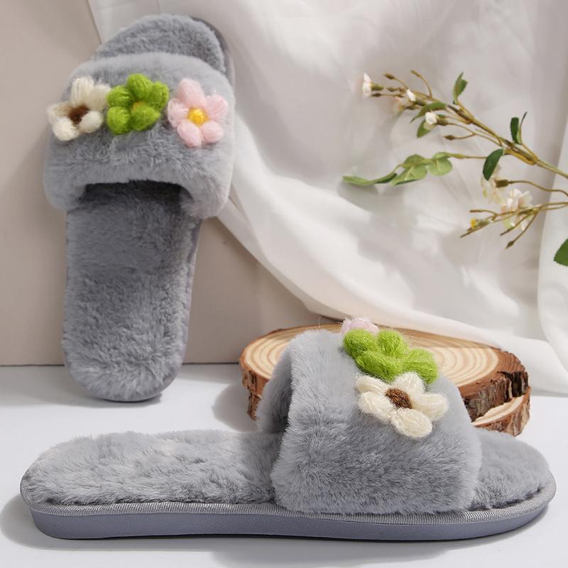Fashion Mix Color Flower Cotton Slippers for Women Winter 2025 Slip On Open Toe Plush Slides Woman Soft Faux Fur Cotton Slippers Female