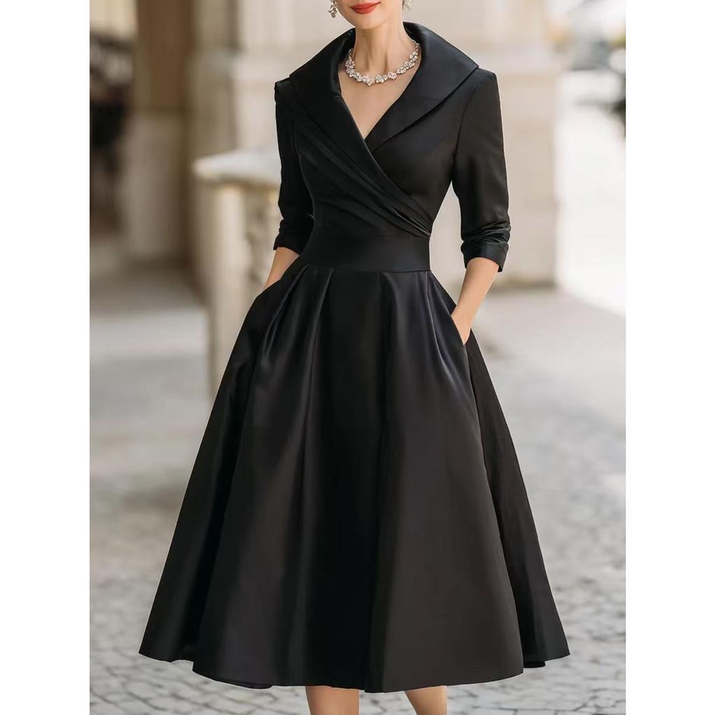 Women's Collared V Neck Long Sleeve Midi Dress Slim Fit Elegant Pleated A Line Formal Swing Dress