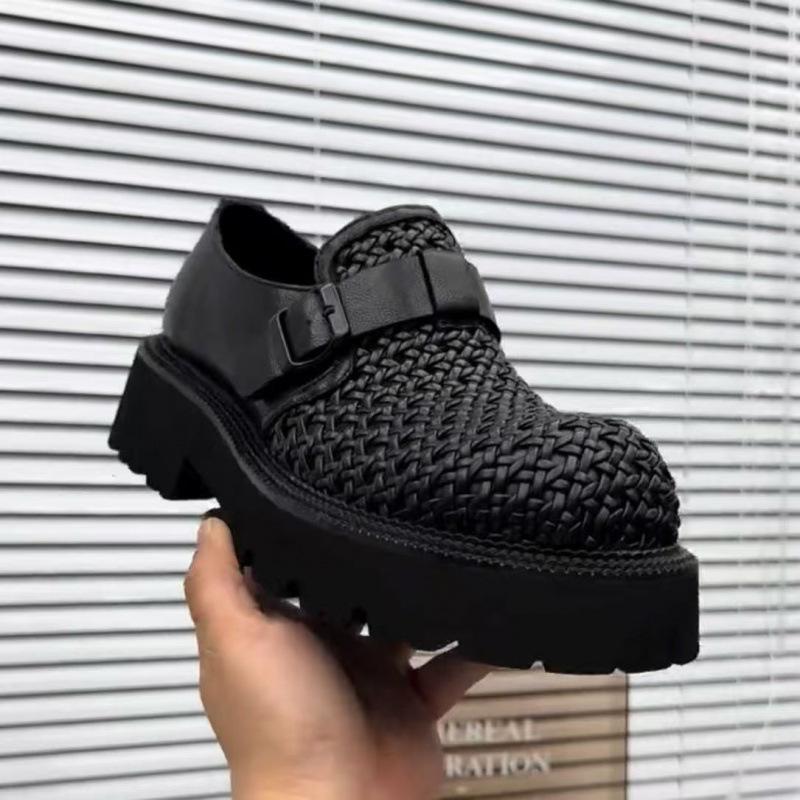 Premium commuter thick-soled trendy shoes hand-woven one-pedal hollowed-out breathable business casual height-increasing leather shoes men