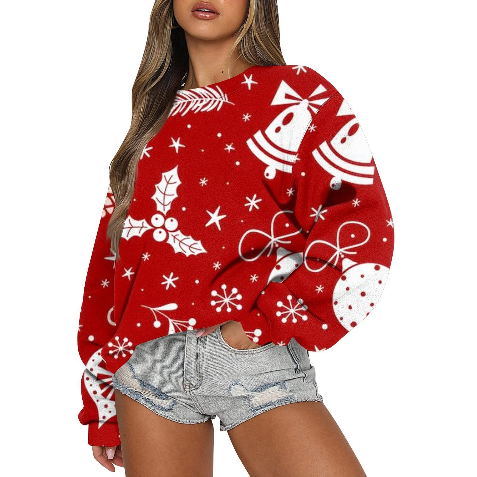 Женские осенне-зимние топы, женская толстовка с длинными рукавами, рождественские повседневные флисовые топы с круглым вырезом, свободный крой XL