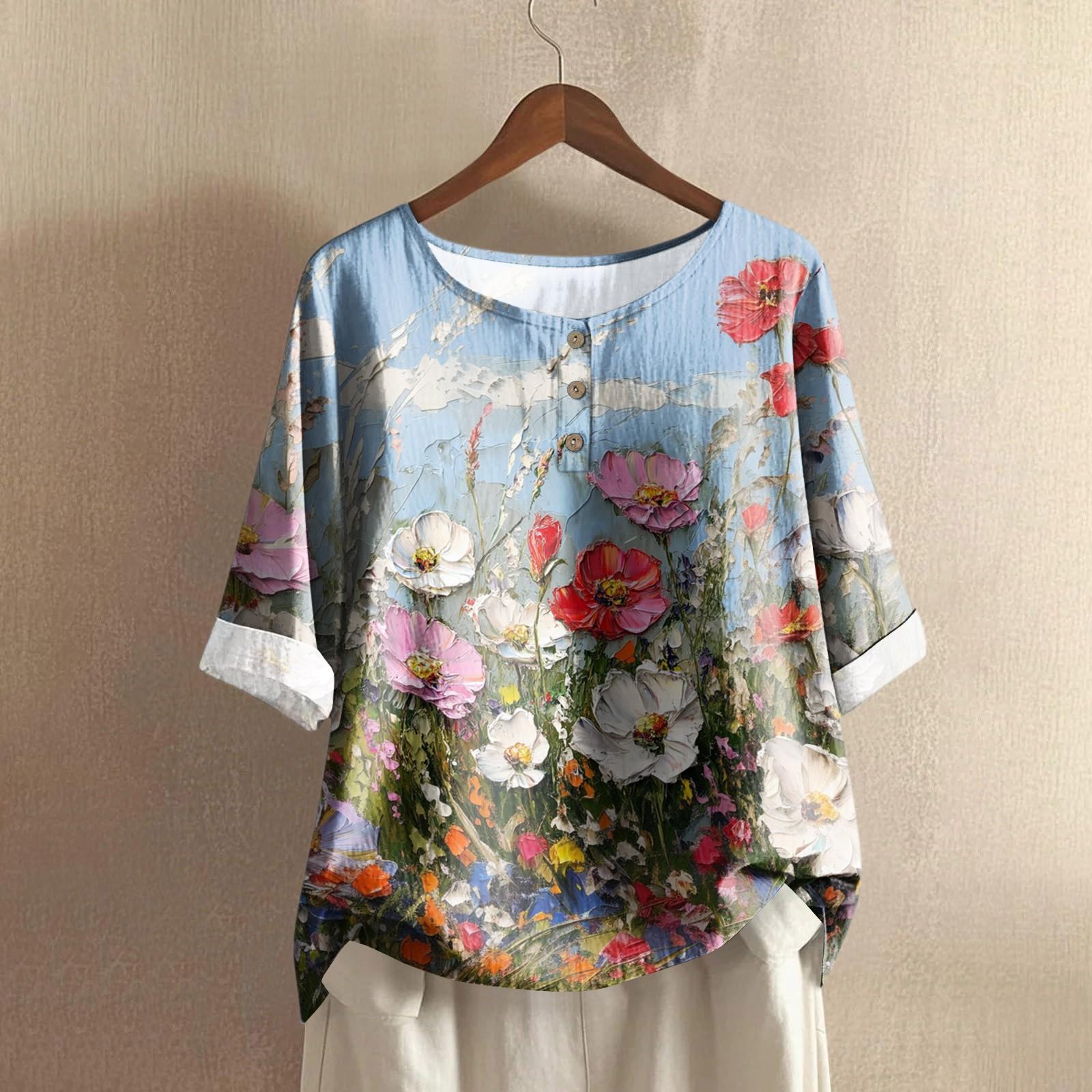 

Женская модная и повседневная рубашка с полурукавом, круглым вырезом, принтом, из хлопка и льна, блузка-топ M