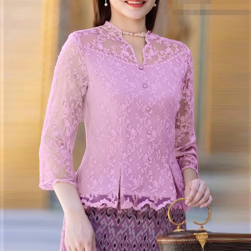 

ZANZEA Женская элегантная блузка с кружевной вставкой, повседневная, с рукавом 3/4 L фиолетовый