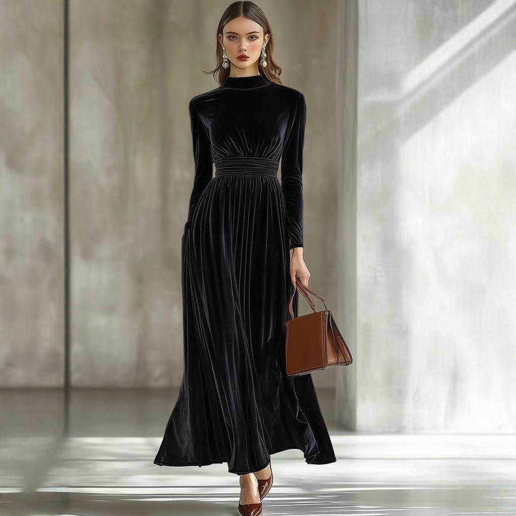 Fall Winter Women's Velvet Long Sleeve Midi Dress High Waist Slimming Elegant Large Swing Dress